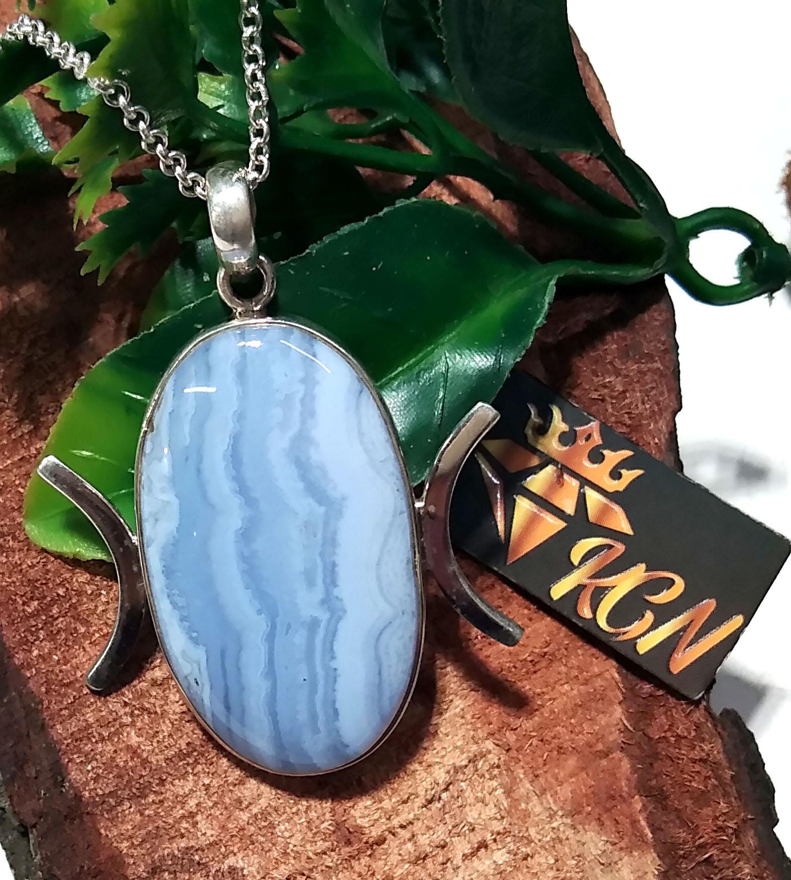 Natural Blue Lace Agate Gemstone Chain Pendant, 925 Sterling Silver Pendant Jewelry, Silver Designer Handmade Pendant, Gift Birthday Pendant